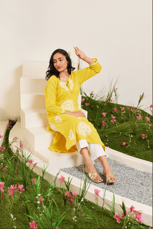Samma Chikankari Long Kurti In Cotton for Women- Yellow